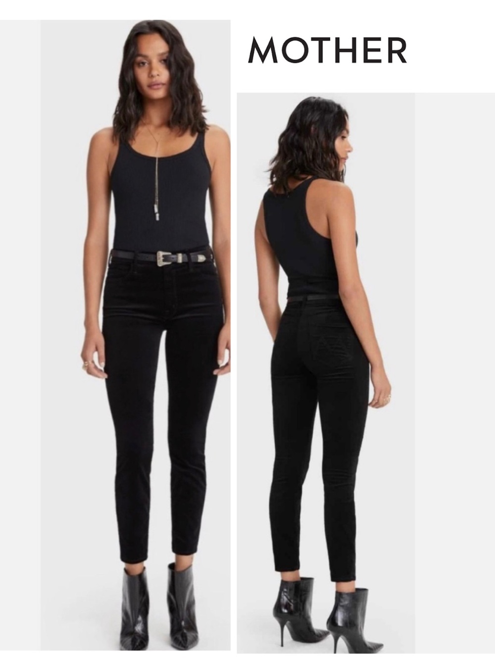 MOTHER High Waisted Looker Ankle Black Velvet Jeans in Soft Skills